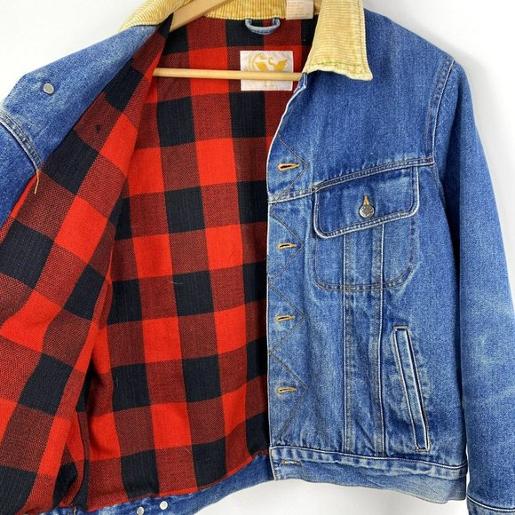 Vintage WINGARS Mens Size Medium Trucker Denim Jean Jacket Red Plaid Lining - Picture 4 of 6